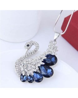 Glass Gem Embellished Elegant Swan Long Chain Fashion Necklace - Blue