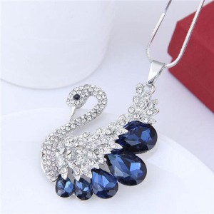 Glass Gem Embellished Elegant Swan Long Chain Fashion Necklace - Blue