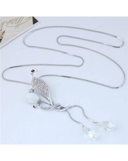 Rhinestone Embellished Leaves and Waterdrop Design Fashion Costume Necklace