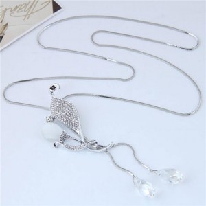Rhinestone Embellished Leaves and Waterdrop Design Fashion Costume Necklace