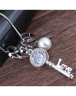 Rhinestone Embellished Love Key Pendant Women Statement Necklace