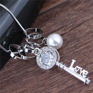 Rhinestone Embellished Love Key Pendant Women Statement Necklace