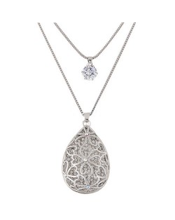 Cubic Zirconia and Rhinestone Hollow Floral Design Waterdrop Pendant Fashion Costume Necklace