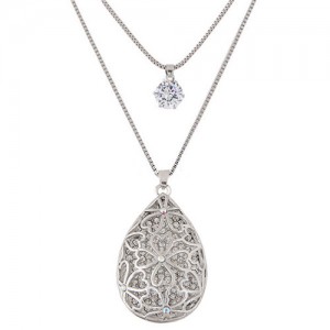 Cubic Zirconia and Rhinestone Hollow Floral Design Waterdrop Pendant Fashion Costume Necklace