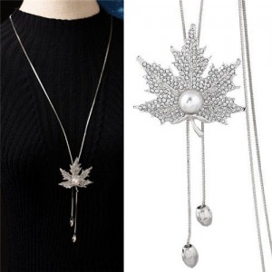 Pearl Inlaid Rhinestone Maple Pendant Design Long Chain Women Costume Necklace - Silver