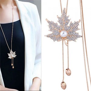 Pearl Inlaid Rhinestone Maple Pendant Design Long Chain Women Costume Necklace - Golden