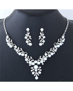 Pearl and Rhinestone Inlaid Twigs and Leaves Design Fashion Necklace and Earrings Set - Silver