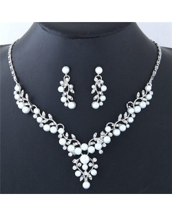 Pearl and Rhinestone Inlaid Twigs and Leaves Design Fashion Necklace and Earrings Set - Silver