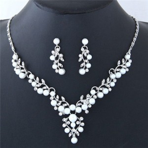 Pearl and Rhinestone Inlaid Twigs and Leaves Design Fashion Necklace and Earrings Set - Silver