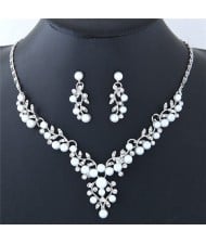 Pearl and Rhinestone Inlaid Twigs and Leaves Design Fashion Necklace and Earrings Set - Silver