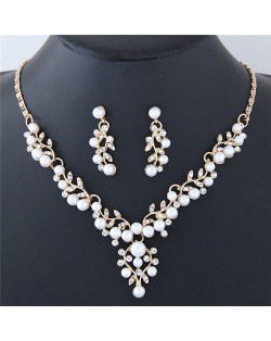 Pearl and Rhinestone Inlaid Twigs and Leaves Design Fashion Necklace and Earrings Set - Golden