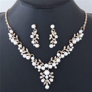 Pearl and Rhinestone Inlaid Twigs and Leaves Design Fashion Necklace and Earrings Set - Golden