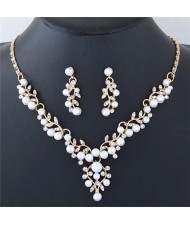 Pearl and Rhinestone Inlaid Twigs and Leaves Design Fashion Necklace and Earrings Set - Golden