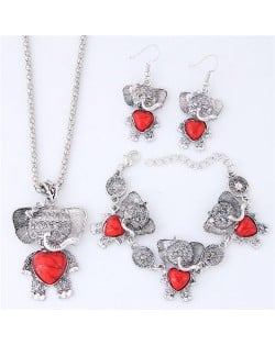 Artificial Turquoise Embellished Cute Elephant Design Costume Necklace Bracelet and Earrings Set - Red