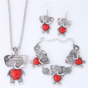 Artificial Turquoise Embellished Cute Elephant Design Costume Necklace Bracelet and Earrings Set - Red