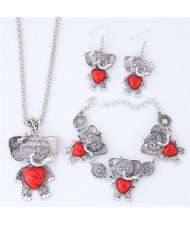 Artificial Turquoise Embellished Cute Elephant Design Costume Necklace Bracelet and Earrings Set - Red