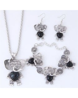 Artificial Turquoise Embellished Cute Elephant Design Costume Necklace Bracelet and Earrings Set - Black