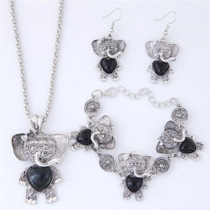 Artificial Turquoise Embellished Cute Elephant Design Costume Necklace Bracelet and Earrings Set - Black