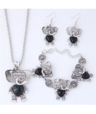 Artificial Turquoise Embellished Cute Elephant Design Costume Necklace Bracelet and Earrings Set - Black