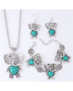 Artificial Turquoise Embellished Cute Elephant Design Costume Necklace Bracelet and Earrings Set - Green