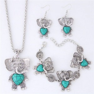 Artificial Turquoise Embellished Cute Elephant Design Costume Necklace Bracelet and Earrings Set - Green