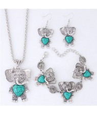 Artificial Turquoise Embellished Cute Elephant Design Costume Necklace Bracelet and Earrings Set - Green