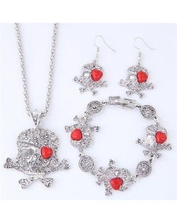 Artificial Turquoise Inlaid Skull Fashion Necklace Bracelet and Earrings Set - Red