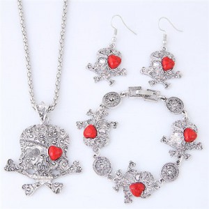 Artificial Turquoise Inlaid Skull Fashion Necklace Bracelet and Earrings Set - Red