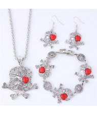 Artificial Turquoise Inlaid Skull Fashion Necklace Bracelet and Earrings Set - Red