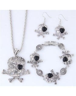 Artificial Turquoise Inlaid Skull Fashion Necklace Bracelet and Earrings Set - Black