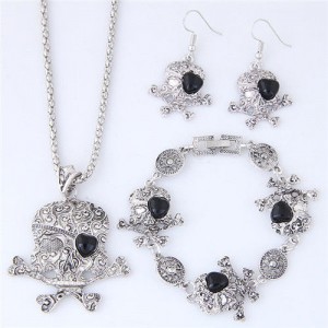 Artificial Turquoise Inlaid Skull Fashion Necklace Bracelet and Earrings Set - Black