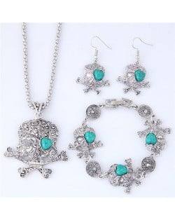 Artificial Turquoise Inlaid Skull Fashion Necklace Bracelet and Earrings Set - Green