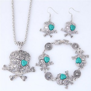 Artificial Turquoise Inlaid Skull Fashion Necklace Bracelet and Earrings Set - Green