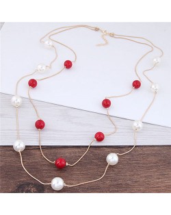 Pearl Decorated Fair Maiden Fashion Dual-layer Costume Necklace - Red and White