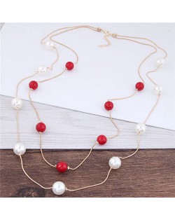 Pearl Decorated Fair Maiden Fashion Dual-layer Costume Necklace - Red and White