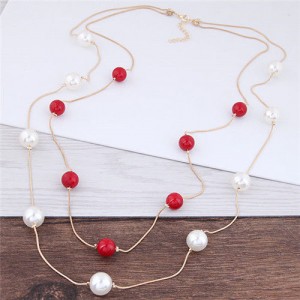 Pearl Decorated Fair Maiden Fashion Dual-layer Costume Necklace - Red and White