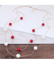 Pearl Decorated Fair Maiden Fashion Dual-layer Costume Necklace - Red and White