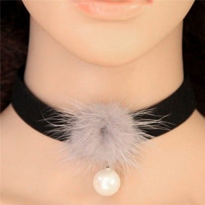 Fluffy Ball and Pearl Pendant Rope Fashion Choker Necklace - Gray