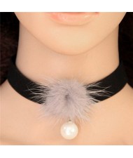 Fluffy Ball and Pearl Pendant Rope Fashion Choker Necklace - Gray