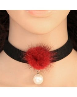 Fluffy Ball and Pearl Pendant Rope Fashion Choker Necklace - Red