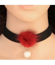 Fluffy Ball and Pearl Pendant Rope Fashion Choker Necklace - Red