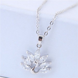 Cubic Zirconia Peacock Pendant Korean Fashion Necklace - Silver