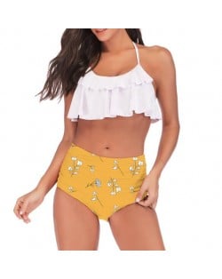 Lotus Leaf Edge Design Split Bikini Fashion Women Swimwear - White and Yellow