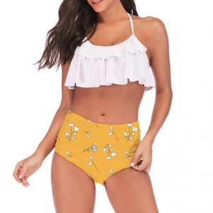Lotus Leaf Edge Design Split Bikini Fashion Women Swimwear - White and Yellow