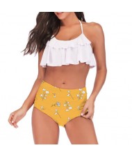 Lotus Leaf Edge Design Split Bikini Fashion Women Swimwear - White and Yellow