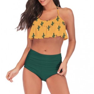 Lotus Leaf Edge Design Split Bikini Fashion Women Swimwear - Cactus