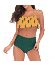 Lotus Leaf Edge Design Split Bikini Fashion Women Swimwear - Cactus