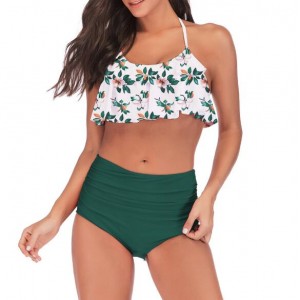 Lotus Leaf Edge Design Split Bikini Fashion Women Swimwear - White and Green