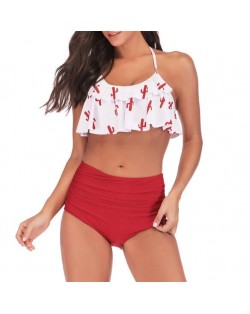 Lotus Leaf Edge Design Split Bikini Fashion Women Swimwear - White and Red