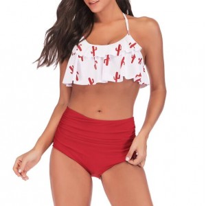 Lotus Leaf Edge Design Split Bikini Fashion Women Swimwear - White and Red